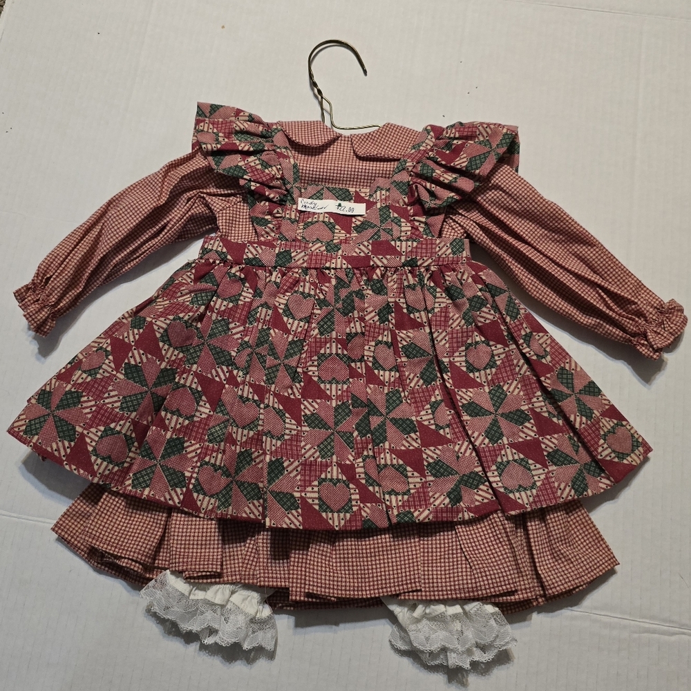 3pc Burgandy Red Doll Dress Hand Crafted Pleats Frilly Skirt Apron Lomg Sleeves